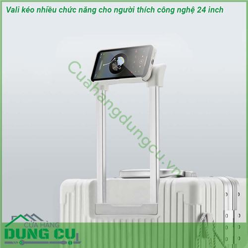 Vali kéo nhiều chức năng cho người thích công nghệ 24 inch có thiết kế khung làm bằng hợp kim nhôm siêu chắc chắn Tay cầm bằng kim loại sáng bóng không gỉ kéo lên kéo xuống mượt mà  Kết cấu 8 bánh xe gắn quanh 4 trục xoay 360 độ giúp kéo đẩy vali nhẹ nhàng dễ dàng