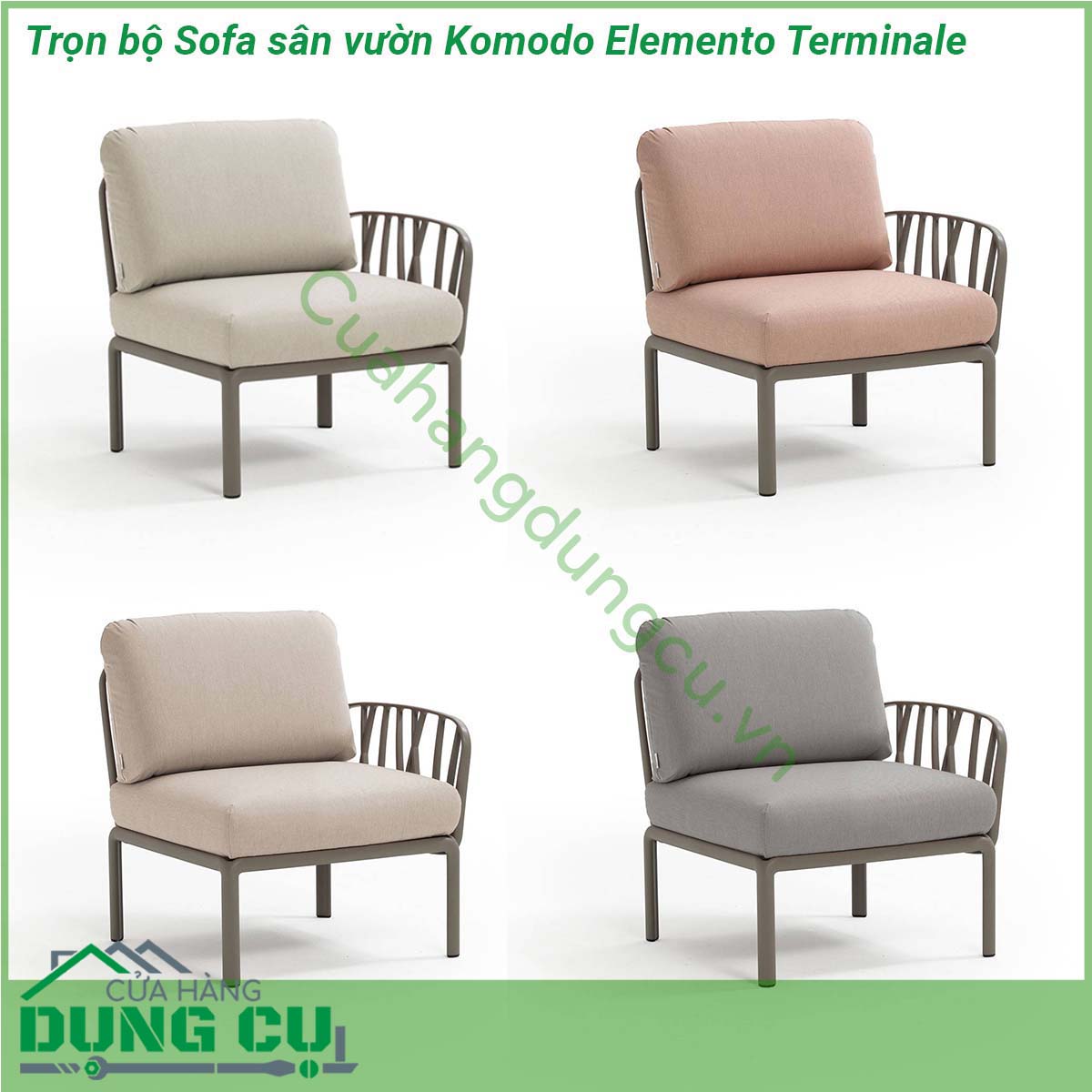 Sofa sân vườn Komodo Elemento Terminale kèm đệm làm từ chất liệu Polypropylene pha sợi thủy tinh cao cấp được xử lý tia UV chịu được thời tiết mưa nắng khắc nghiệt Đệm ghế sofa được làm từ 100 sợi nhuộm acrylic chống nấm mốc chống bám bẩn thích hợp với sân vườn ngoài trời