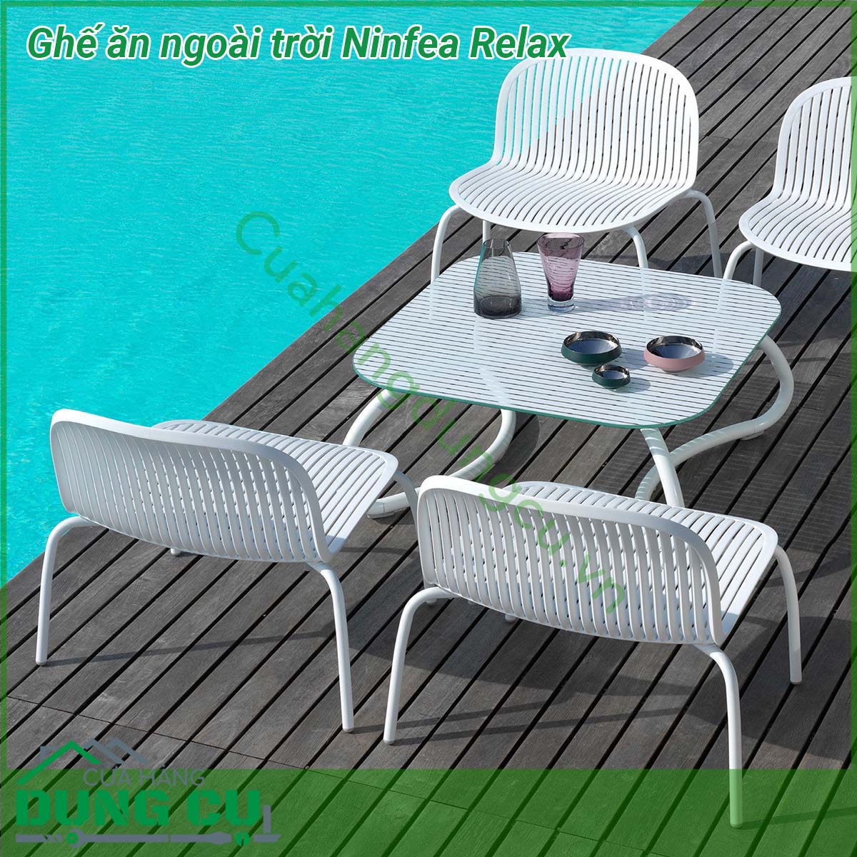 Ghế ăn ngoài trời Ninfea Relax được làm từ chất liệu Polypropylene pha sợi thủy tinh cao cấp được xử lý tia UV chịu được thời tiết mưa nắng khắc nghiệt thích hợp với sân vườn ngoài trời