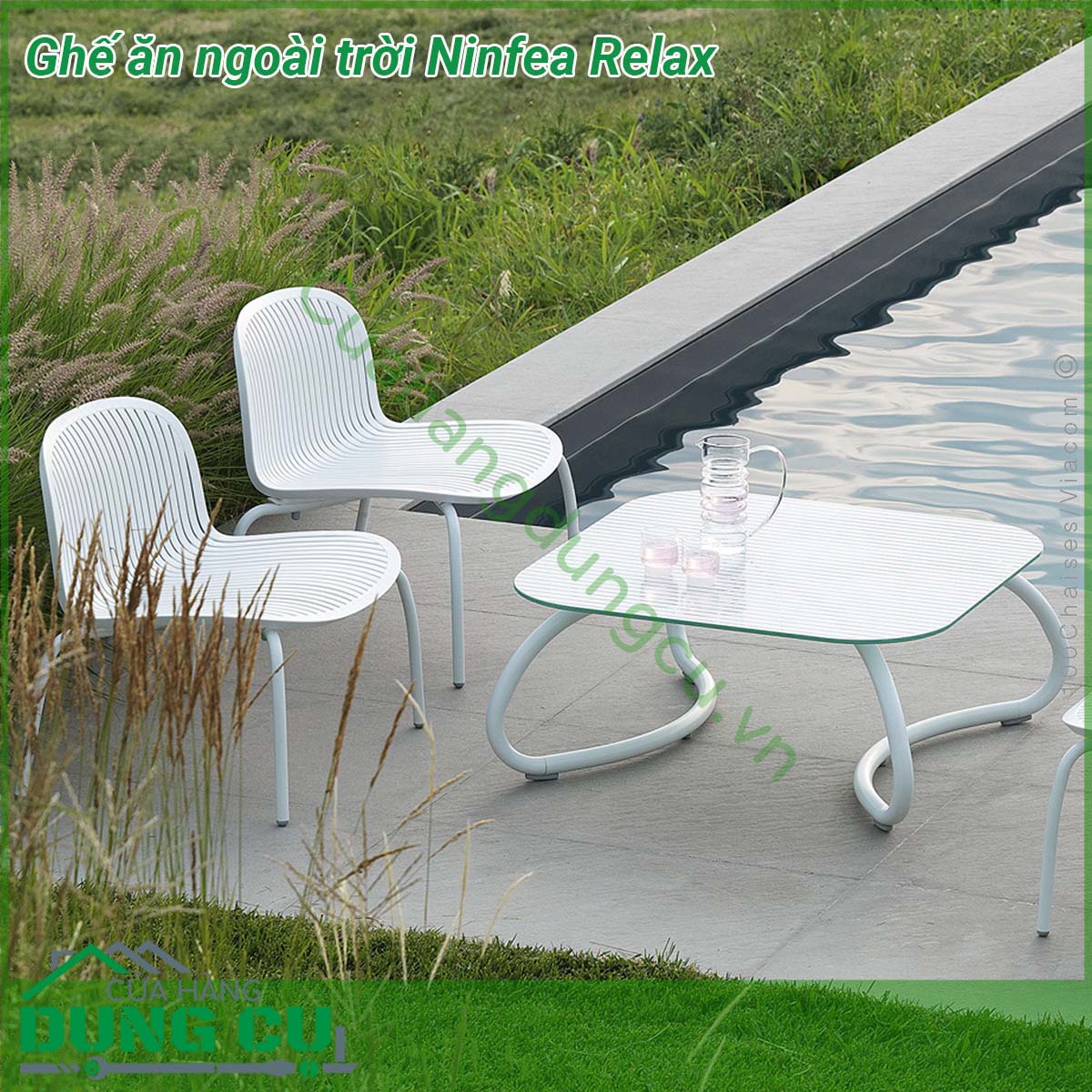 Ghế ăn ngoài trời Ninfea Relax được làm từ chất liệu Polypropylene pha sợi thủy tinh cao cấp được xử lý tia UV chịu được thời tiết mưa nắng khắc nghiệt thích hợp với sân vườn ngoài trời