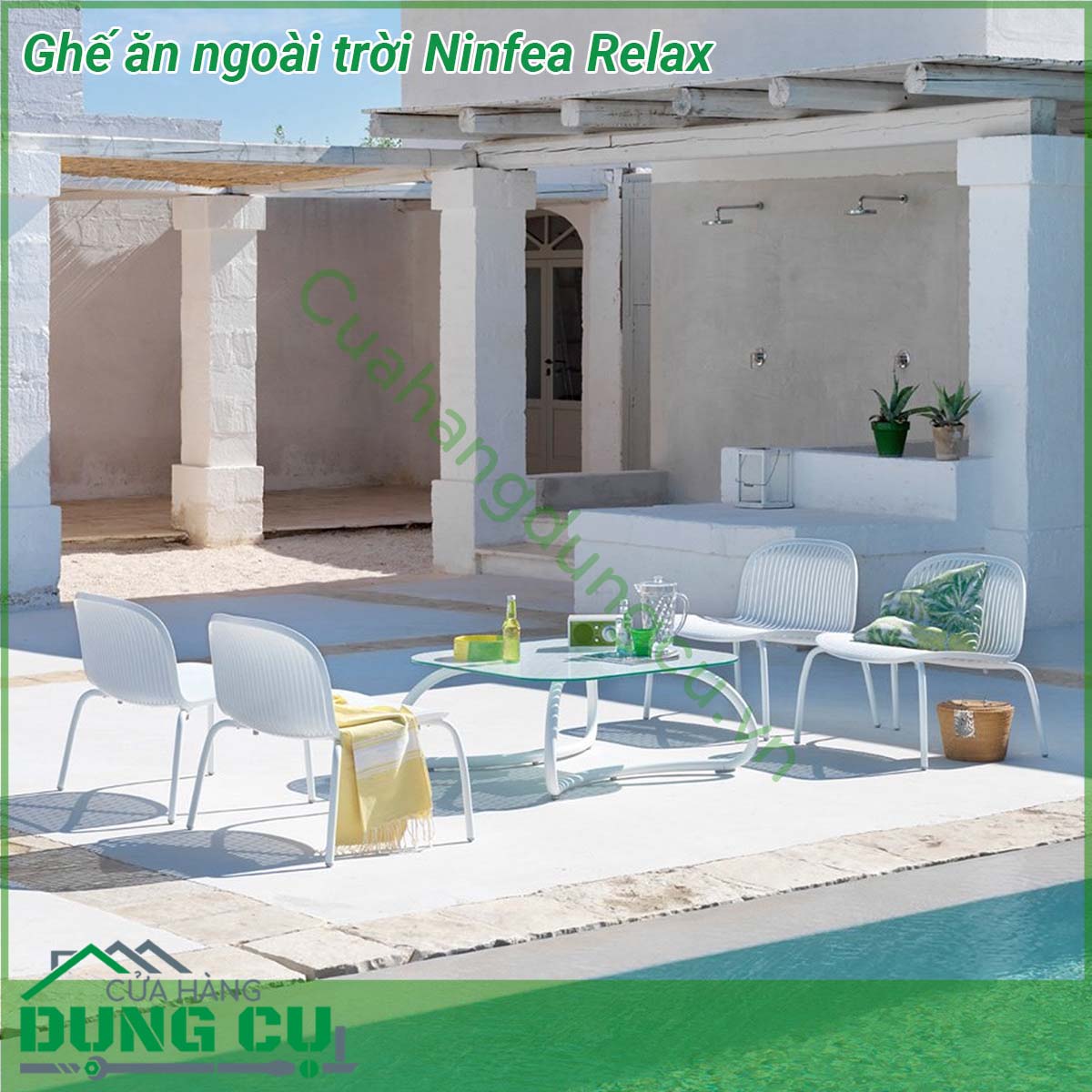 Ghế ăn ngoài trời Ninfea Relax được làm từ chất liệu Polypropylene pha sợi thủy tinh cao cấp được xử lý tia UV chịu được thời tiết mưa nắng khắc nghiệt thích hợp với sân vườn ngoài trời