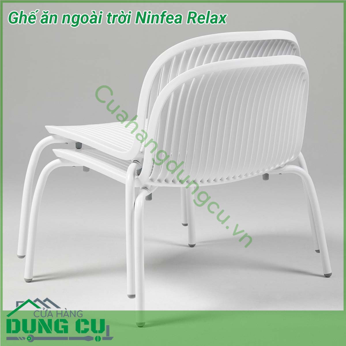 Ghế ăn ngoài trời Ninfea Relax được làm từ chất liệu Polypropylene pha sợi thủy tinh cao cấp được xử lý tia UV chịu được thời tiết mưa nắng khắc nghiệt thích hợp với sân vườn ngoài trời