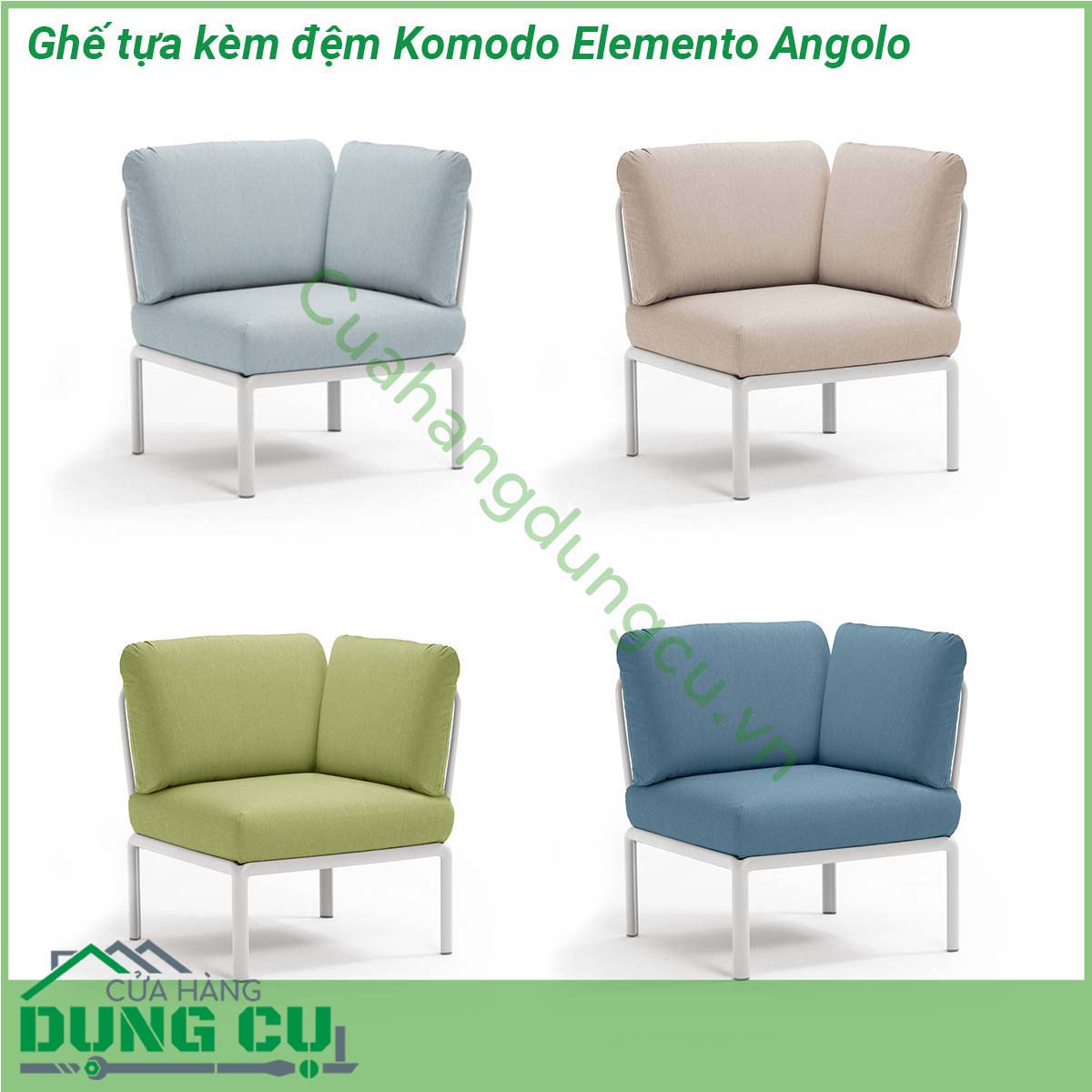 Ghế tựa kèm đệm Komodo Elemento Angolo được làm từ chất liệu Polypropylene pha sợi thủy tinh cao cấp được xử lý tia UV chịu được thời tiết mưa nắng khắc nghiệt Đệm ghế sofa được làm từ 100 sợi nhuộm acrylic chống nấm mốc chống bám bẩn thích hợp với sân vườn ngoài trời