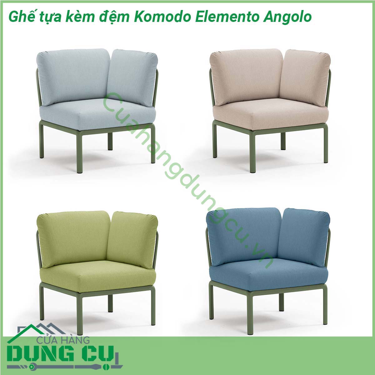 Ghế tựa kèm đệm Komodo Elemento Angolo được làm từ chất liệu Polypropylene pha sợi thủy tinh cao cấp được xử lý tia UV chịu được thời tiết mưa nắng khắc nghiệt Đệm ghế sofa được làm từ 100 sợi nhuộm acrylic chống nấm mốc chống bám bẩn thích hợp với sân vườn ngoài trời