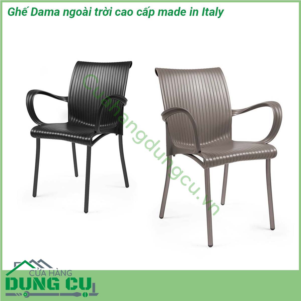 Ghế Dama ngoài trời cao cấp made in Italy một chiếc ghế có tay vịn bằng nhựa PP nguyên cao cấp pha sợi thủy tinh và lớp hoàn thiện mờ  Thích hợp cho sử dụng trong nhà và ngoài trời  Chân nhôm sơn phủ đồng màu với lưng và đệm thành một khối thống nhất