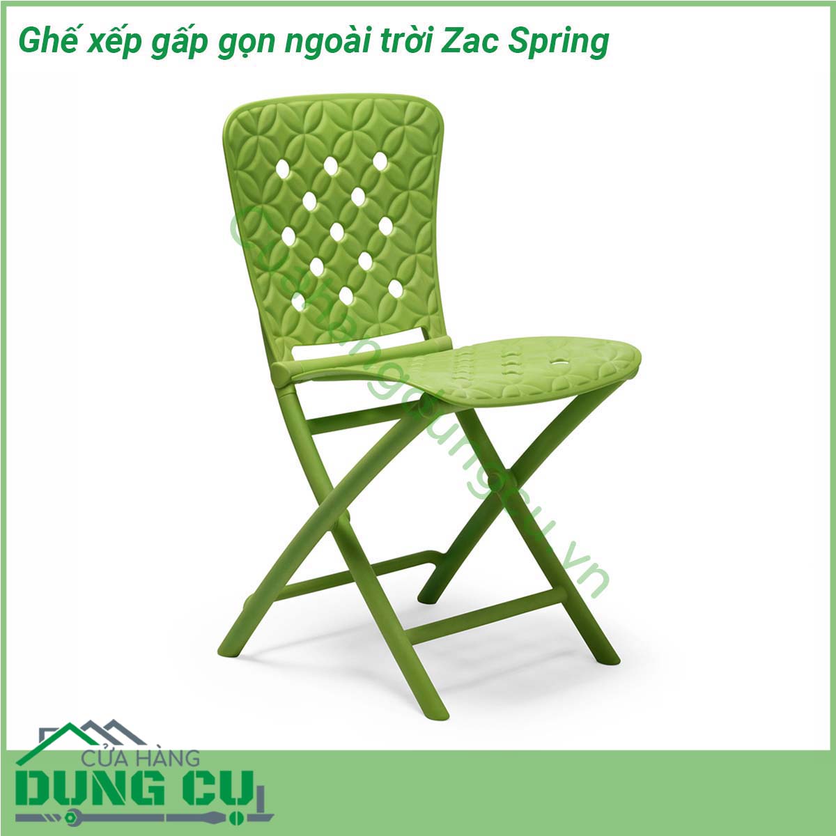 Ghế xếp gấp gọn ngoài trời Zac Spring nhiều màu sắc và hiện đại được làm bằng Polypropylene sợi thủy tinh một vật liệu kỹ thuật thế hệ mới nhất rất bền và đàn hồi  Ghế có lưng và mặt ngồi với thiết kế hình học được chạm khắc và đục lỗ dễ dàng gấp gọn để tiết kiệm diện tích và dễ dàng cất giữ khi không sử dụng