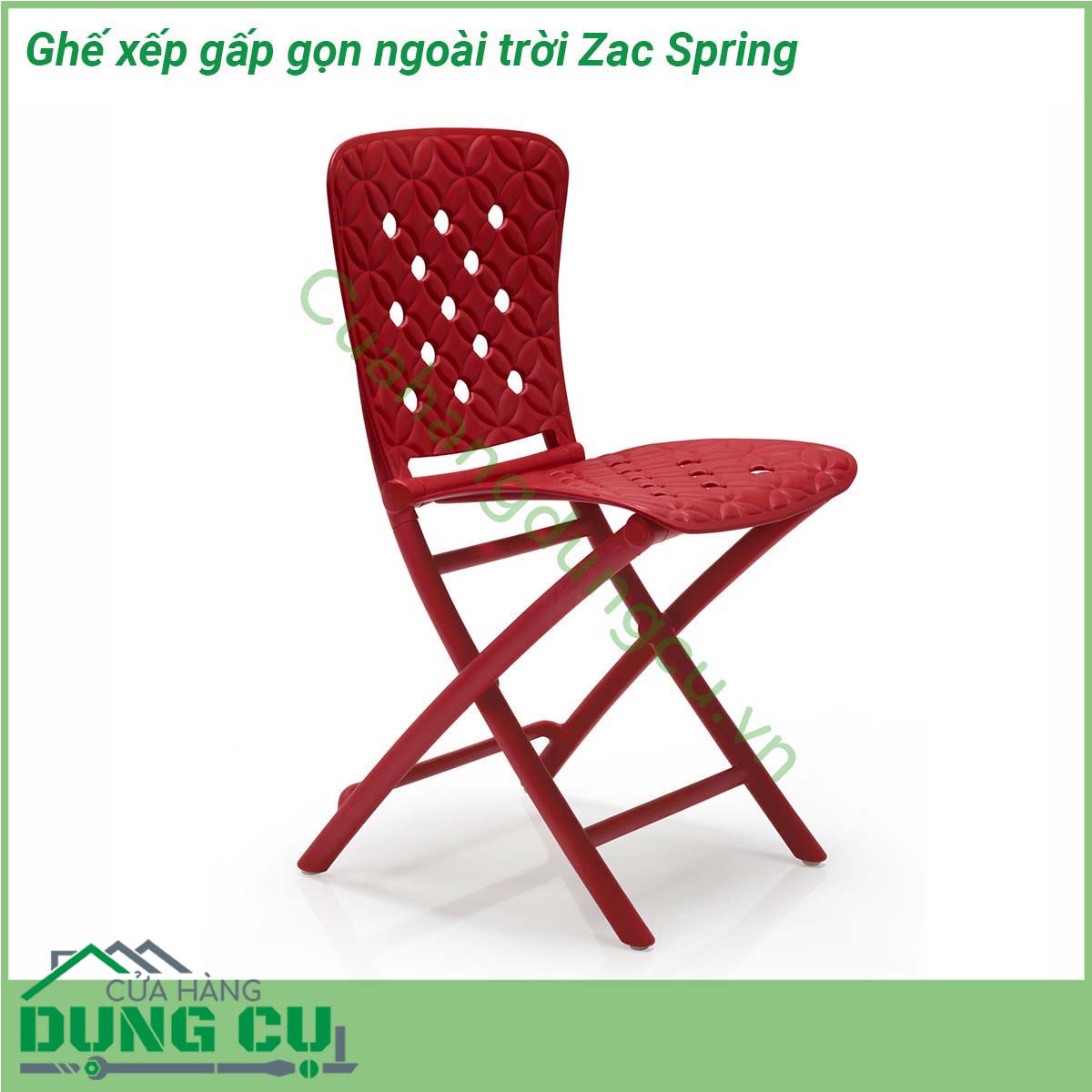 Ghế xếp gấp gọn ngoài trời Zac Spring nhiều màu sắc và hiện đại được làm bằng Polypropylene sợi thủy tinh một vật liệu kỹ thuật thế hệ mới nhất rất bền và đàn hồi  Ghế có lưng và mặt ngồi với thiết kế hình học được chạm khắc và đục lỗ dễ dàng gấp gọn để tiết kiệm diện tích và dễ dàng cất giữ khi không sử dụng