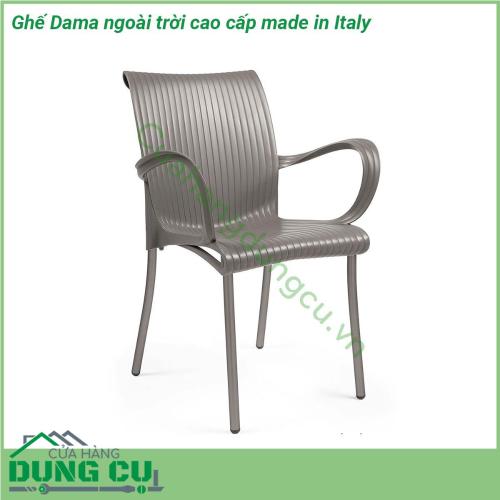 Ghế Dama ngoài trời cao cấp made in Italy một chiếc ghế có tay vịn bằng nhựa PP nguyên cao cấp pha sợi thủy tinh và lớp hoàn thiện mờ  Thích hợp cho sử dụng trong nhà và ngoài trời  Chân nhôm sơn phủ đồng màu với lưng và đệm thành một khối thống nhất