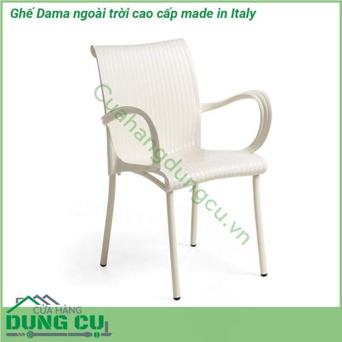 Ghế Dama ngoài trời cao cấp made in Italy một chiếc ghế có tay vịn bằng nhựa PP nguyên cao cấp pha sợi thủy tinh và lớp hoàn thiện mờ  Thích hợp cho sử dụng trong nhà và ngoài trời  Chân nhôm sơn phủ đồng màu với lưng và đệm thành một khối thống nhất