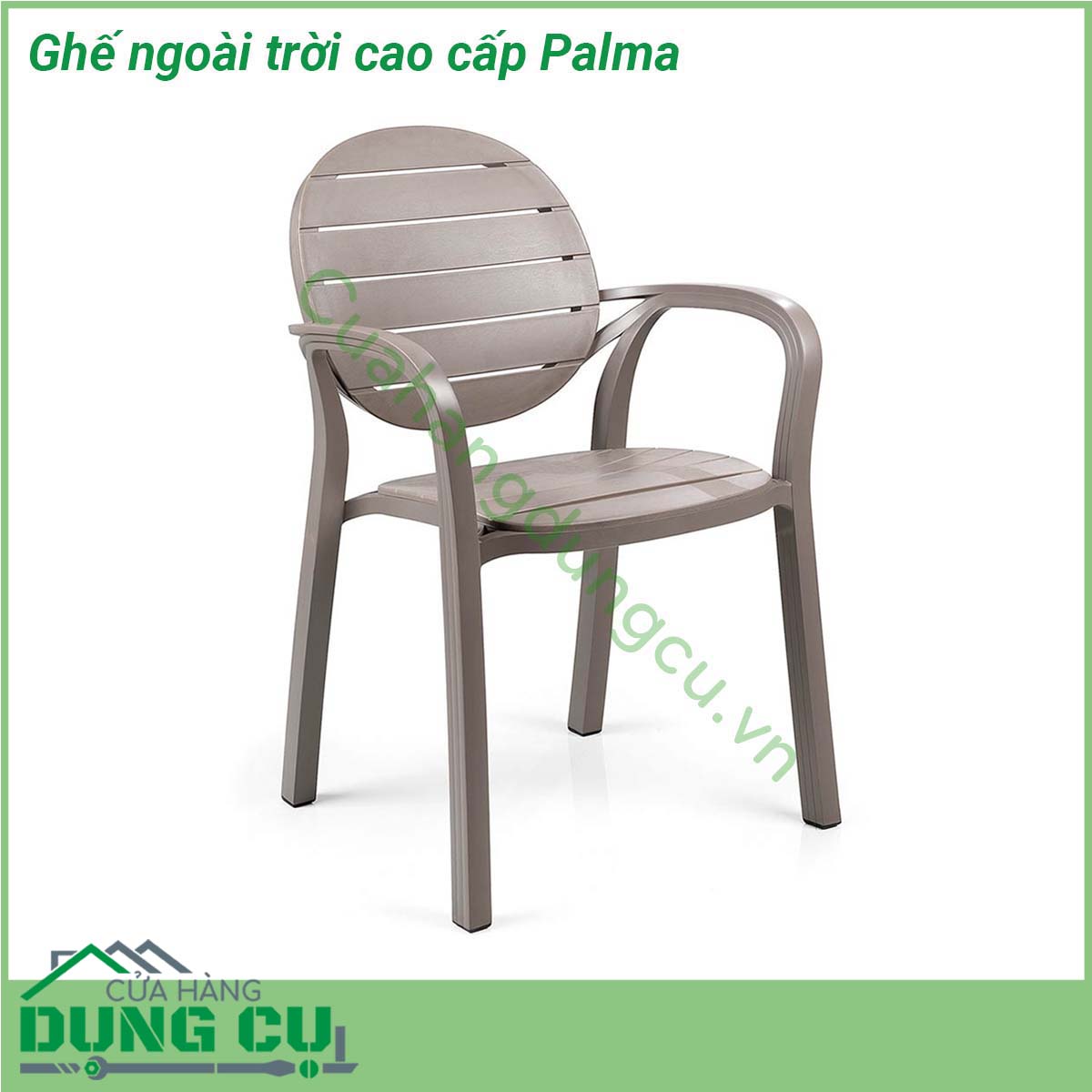 Ghế ngoài trời cao cấp Palma được làm từ chất liệu Polypropylene pha sợi thủy tinh cao cấp được xử lý tia UV chịu được thời tiết mưa nắng khắc nghiệt thích hợp với sân vườn ngoài trời