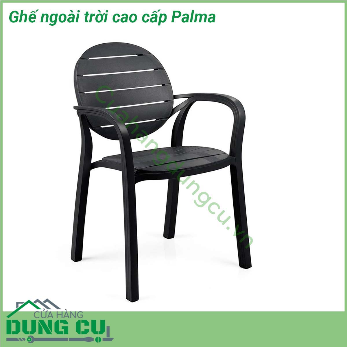 Ghế ngoài trời cao cấp Palma được làm từ chất liệu Polypropylene pha sợi thủy tinh cao cấp được xử lý tia UV chịu được thời tiết mưa nắng khắc nghiệt thích hợp với sân vườn ngoài trời