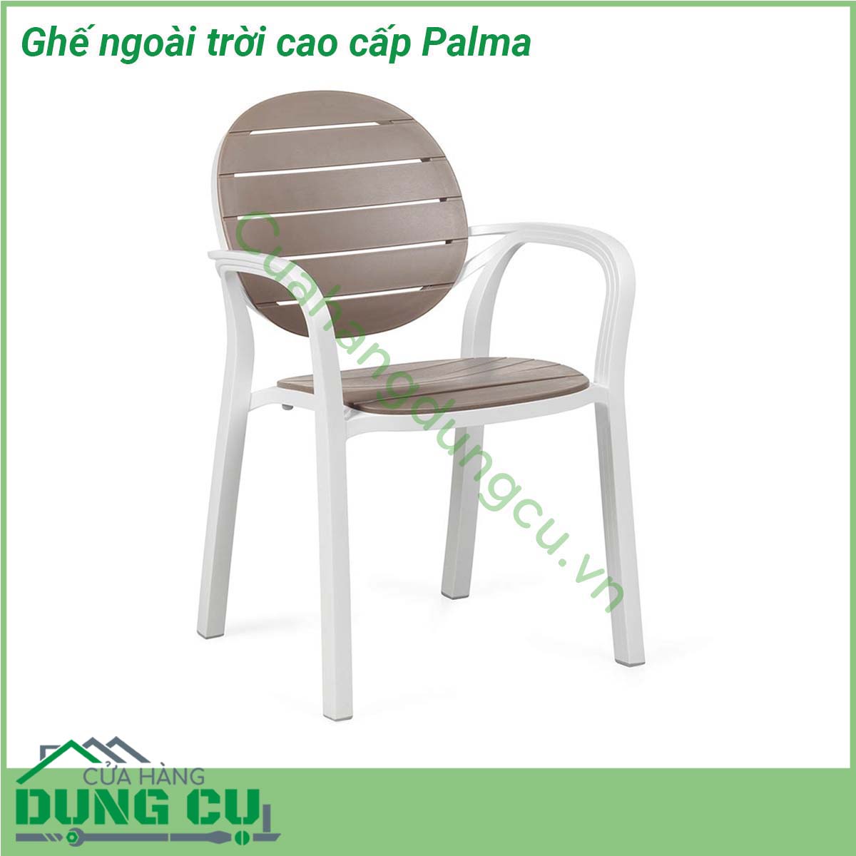 Ghế ngoài trời cao cấp Palma được làm từ chất liệu Polypropylene pha sợi thủy tinh cao cấp được xử lý tia UV chịu được thời tiết mưa nắng khắc nghiệt thích hợp với sân vườn ngoài trời