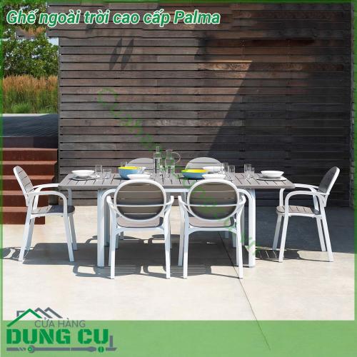 Ghế ngoài trời cao cấp Palma được làm từ chất liệu Polypropylene pha sợi thủy tinh cao cấp được xử lý tia UV chịu được thời tiết mưa nắng khắc nghiệt thích hợp với sân vườn ngoài trời