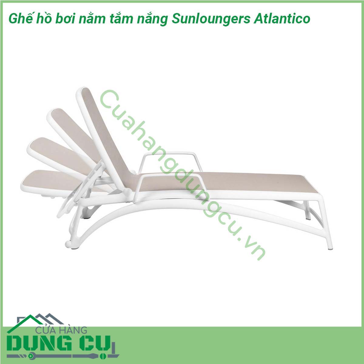 Ghế hồ bơi nằm tắm nắng Sunloungers Atlantico với khung hình ống bằng sợi thủy tinh polypropylene có phụ gia UV kết hợp mặt bằng vải sợi tổng hợp cao cấp và có thể thay thế Chất liệu có độ bền tuyệt vời chống chịu tốt dưới mọi điều kiện của thời tiết và môi trường