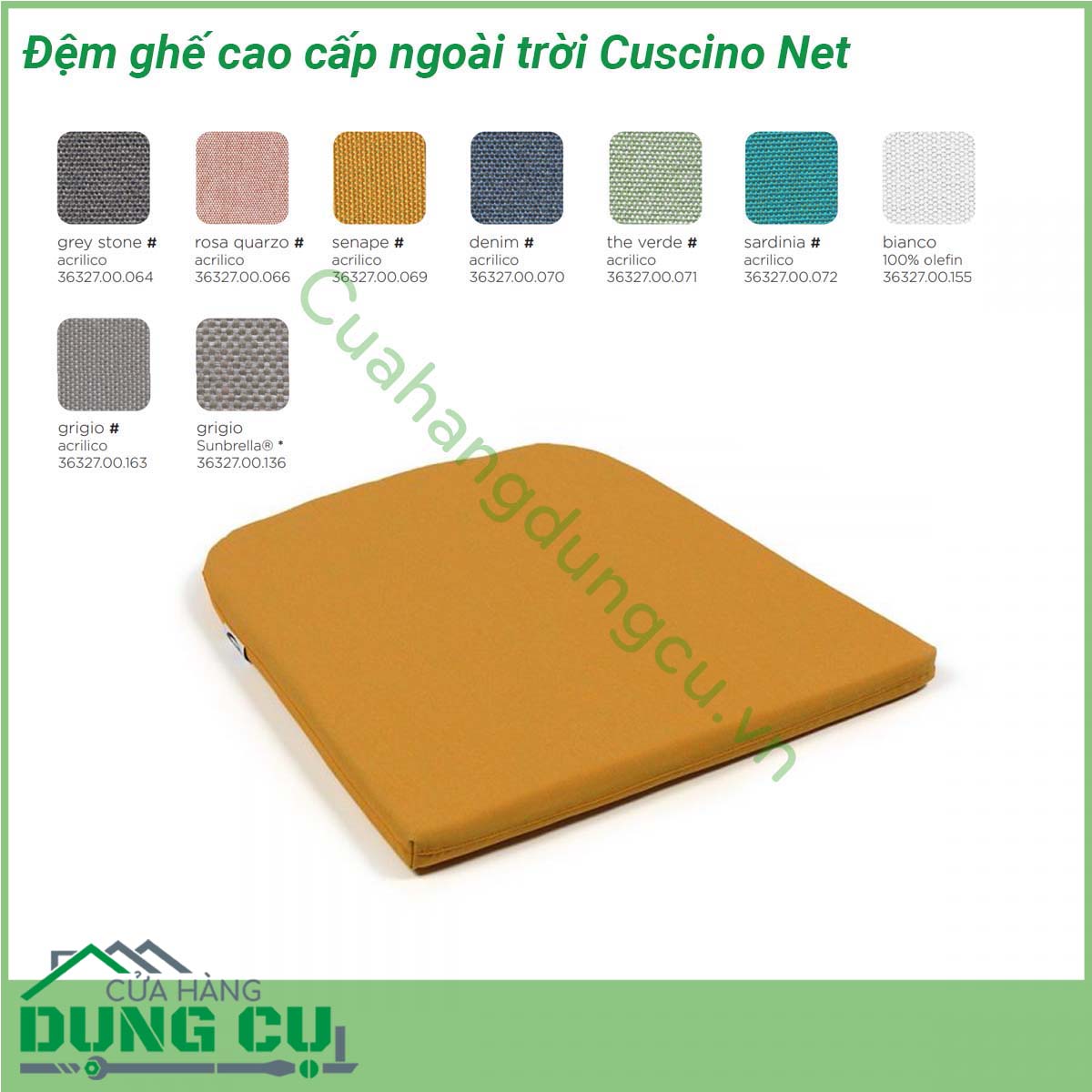 Đệm ghế cao cấp ngoài trời Cuscino Net được làm từ 100 sợi nhuộm acrylic độ bền cao tạo sự sang trọng tinh tế dễ kết hợp trang trí dễ vệ sinh và không bao giờ phải lo đến chuyện lỗi mốt