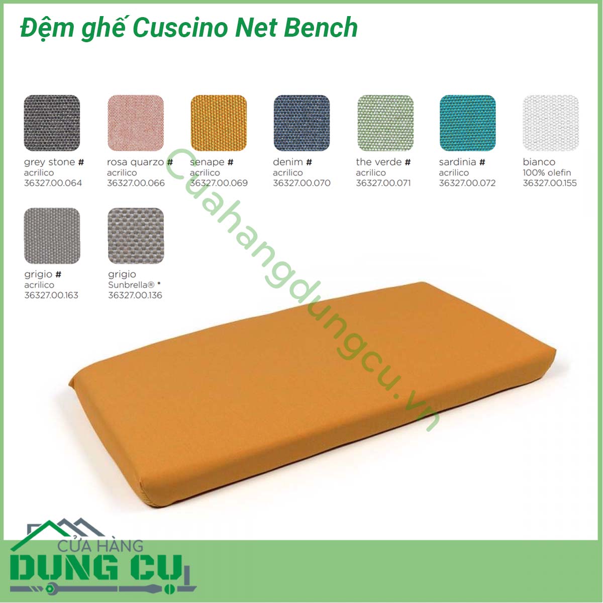 Đệm ghế Cuscino Net Bench được làm từ 100 sợi nhuộm acrylic Đã xử lý chống bám bụi bẩn và chống nấm mốc Độ bền màu dưới ánh sáng đạt 5 8 Có thể tháo bỏ bọc nhờ khóa kéo