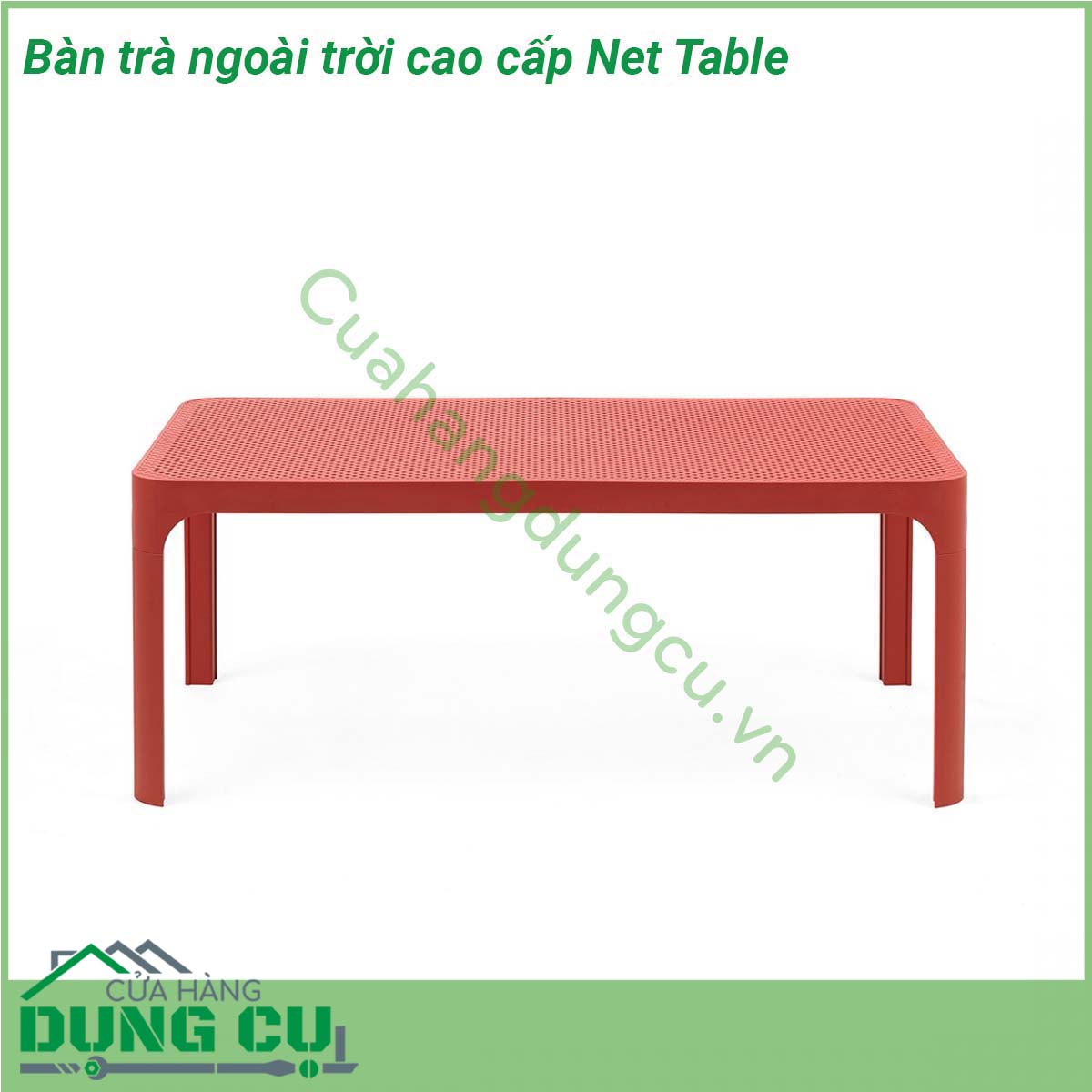 Bàn trà ngoài trời cao cấp Net Table được làm bằng nhựa polypropylene sợi thủy tinh chống chịu thời tiết tia cực tím của NARDI của Ý Thiết kế bàn thấp thanh lịch với mặt trên hình chữ nhật có hoa văn đục lỗ có khả năng thoát nước mưa hiệu quả