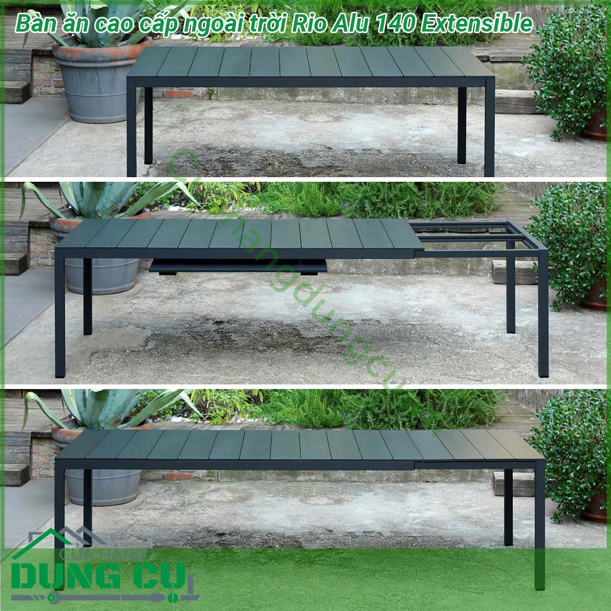 Bàn ăn cao cấp ngoài trời Rio Alu 140 Extensible được làm bằng chất liệu nhôm phủ coated aluminium cao cấp  Một mẫu bàn thông minh có khả năng thay đổi chiều dài bàn với một thao tác nhẹ nhàng phù hợp yêu cầu không gian và diện tích Đường nét thiết kế mạnh mẽ tinh tế và sang trọng