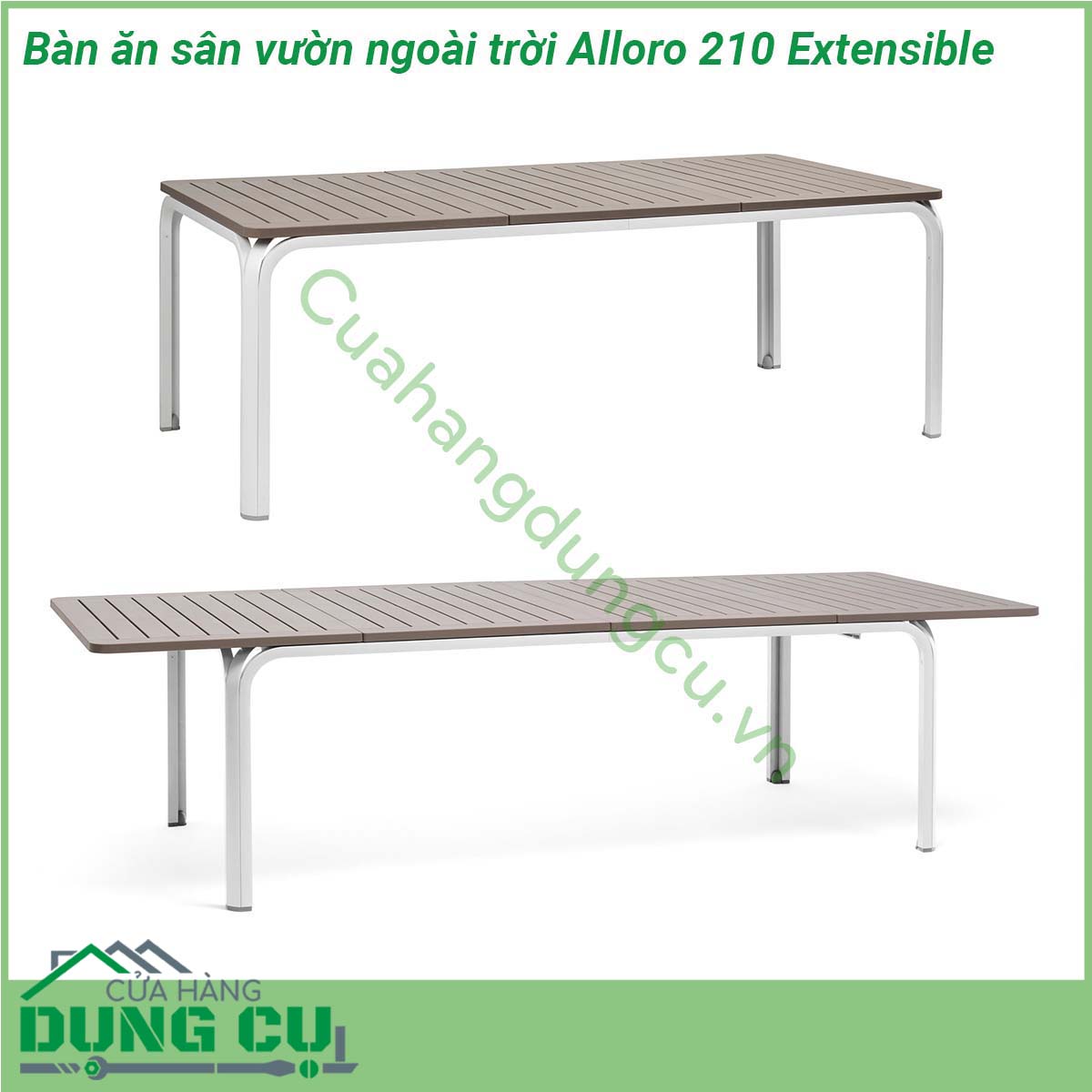 Bàn ăn sân vườn ngoài trời Alloro 210 Extensible một mẫu bàn thông minh có khả năng thay đổi chiều dài bàn với một thao tác nhẹ nhàng phù hợp yêu cầu không gian và diện tích Đường nét thiết kế mạnh mẽ tinh tế và sang trọng