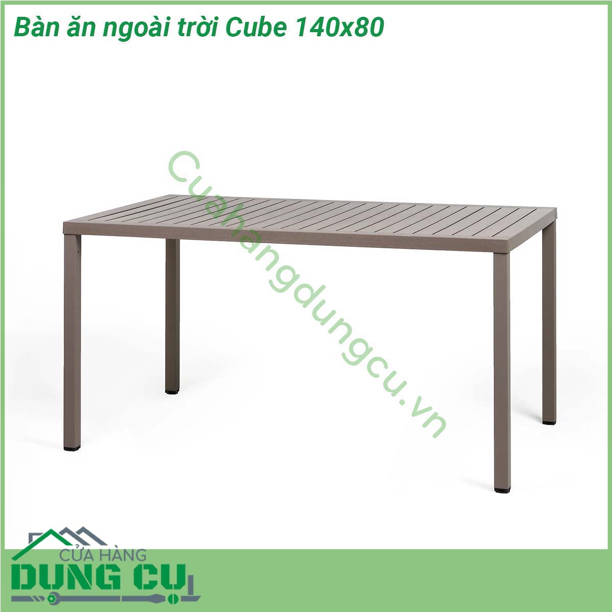 Bàn ăn ngoài trời Cube 140x80 được làm từ chất liệu bề mặt DurelTOP bằng polypropylene với phụ gia UV kết hợp chân bàn bằng chất liệu nhôm tráng hoàn thiện mờ sang trọng và đẹp mắt  Một thiết kế tối giản thanh lịch là một sự lựa chọn hoàn hảo cho không gian đẳng cấp và sang trọng