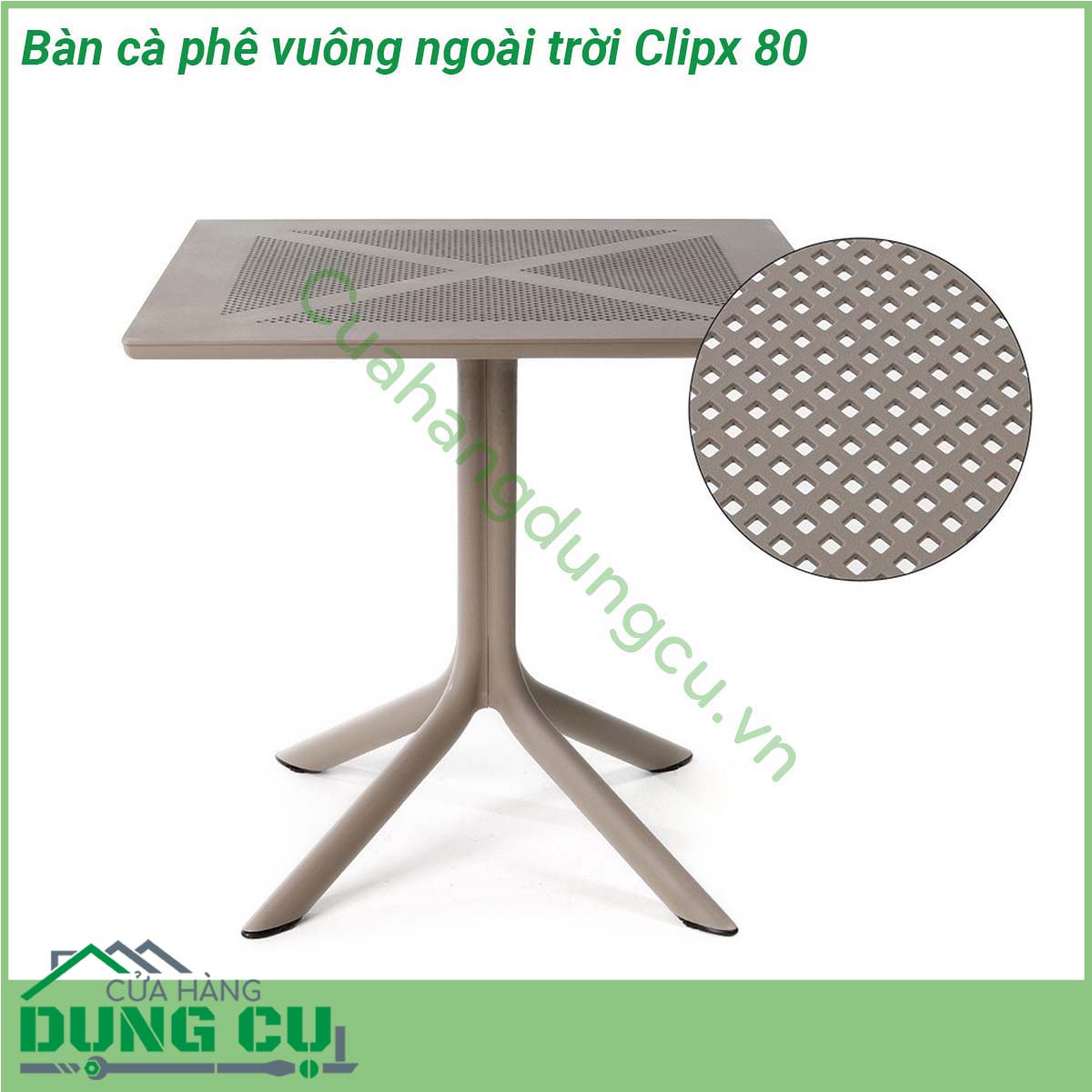 Bàn cà phê vuông ngoài trời Clipx 80 được làm bằng chất liệu nhựa sợi thủy tinh cao cấp Fibreglass resin  Với chất liệu sử dụng cao cấp bạn hoàn toàn có thể yên tâm sử dụng chúng mà ko sợ nắng mưa hư hỏng hay bay màu