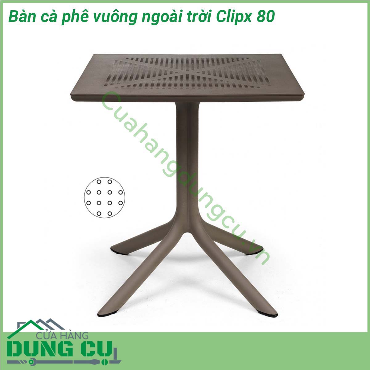 Bàn cà phê vuông ngoài trời Clipx 80 được làm bằng chất liệu nhựa sợi thủy tinh cao cấp Fibreglass resin  Với chất liệu sử dụng cao cấp bạn hoàn toàn có thể yên tâm sử dụng chúng mà ko sợ nắng mưa hư hỏng hay bay màu