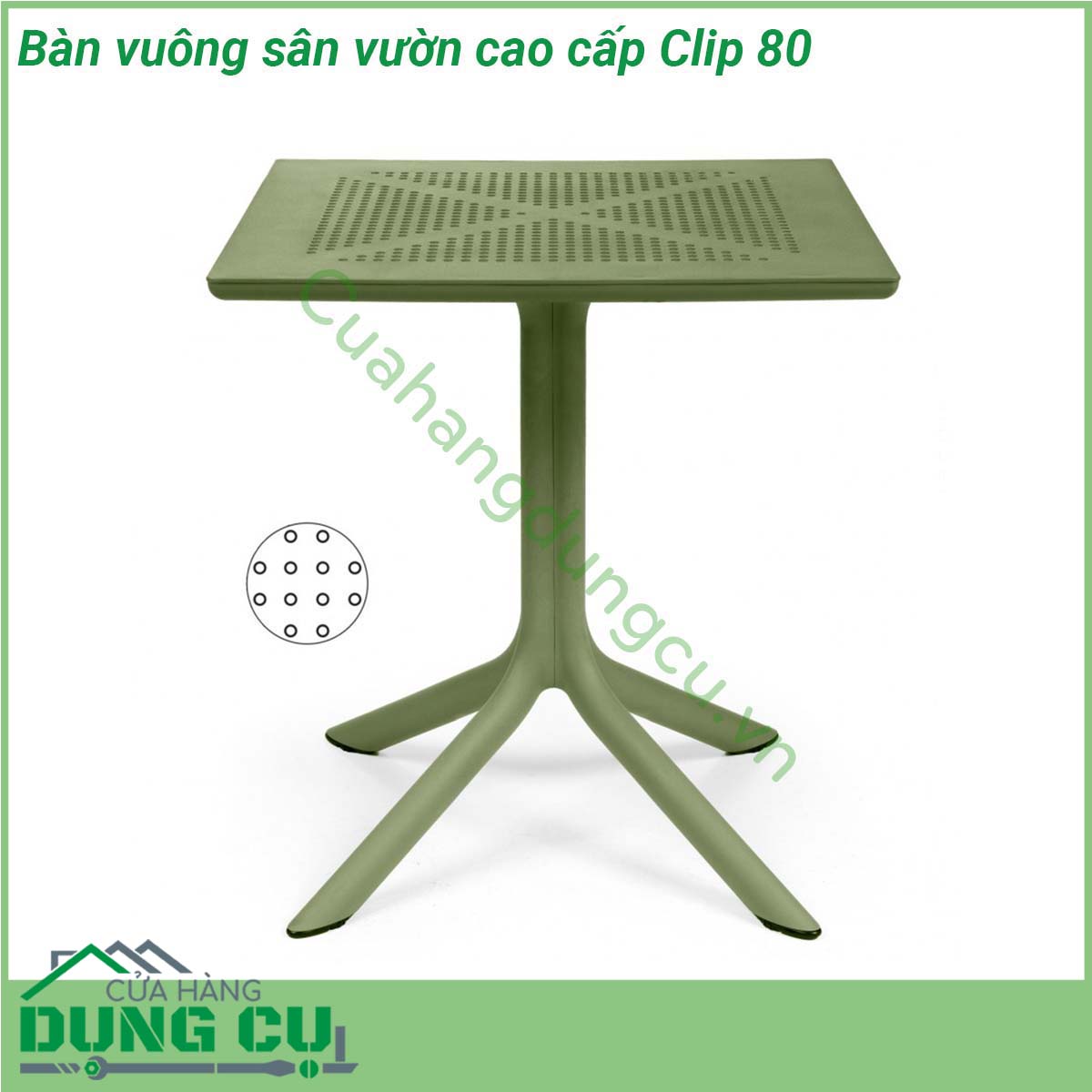 Bàn vuông sân vườn cao cấp Clip 80 được làm bằng chất liệu nhựa sợi thủy tinh cao cấp Bàn có 4 chân tỏa từ cột trụ Mặt bàn DurelTop polypropylene sợi thủy tinh với phụ gia UV có độ bền cao Bạn hoàn toàn có thể yên tâm sử dụng chúng mà ko sợ nắng mưa hư hỏng hay bay màu