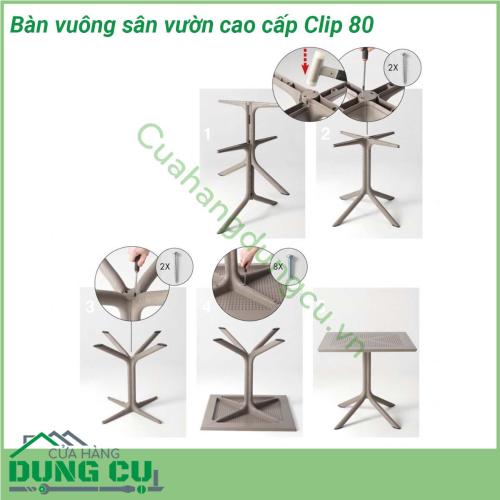 Bàn vuông sân vườn cao cấp Clip 80 được làm bằng chất liệu nhựa sợi thủy tinh cao cấp Bàn có 4 chân tỏa từ cột trụ Mặt bàn DurelTop polypropylene sợi thủy tinh với phụ gia UV có độ bền cao Bạn hoàn toàn có thể yên tâm sử dụng chúng mà ko sợ nắng mưa hư hỏng hay bay màu