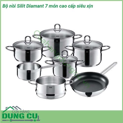 Bộ nồi Silit Diamant 7 món cao cấp siêu xịn được làm bằng thép không gỉ 18 10 tiêu chuẩn Châu Âu Đáy nồi được cấu tạo 3 lớp giúp hấp thụ nhiệt nhanh và tỏa đều giữ nhiệt lâu giảm thiểu tối đa việc tiêu hao năng lượng làm chín đều thức ăn và không gây cháy xém giữ lại nguyên vẹn các giá trị dinh dưỡng của thực phẩm