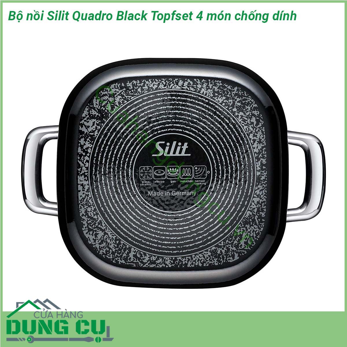 Bộ nồi Silit Quadro Black Topfset 4 món chống dính được thiết kế với tông màu chủ đạo là màu đen  mang vẻ sang trọng hiện đại Bộ nồi bao gồm 2 nồi thịt 1 nồi chuyên dùng để rán và 1 nồi quánh cánh dài dễ dàng phù hợp với mọi món ăn bạn cần chế biến
