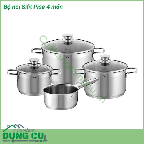 Bộ nồi Silit Pisa 4 món được sản xuất trực tiếp tại Đức đúc nguyên khối từ thép không gỉ 18 10 sáng bóng bền đẹp không sợ hoen gỉ sau thời gian dài sử dụng đáy nồi được ứng dụng công nghệ hiện đại hấp thụ nhiệt cực nhanh tản nhiệt cực đều nấu chín thực phẩm nhanh gấp 2 lần so với nồi thông thường