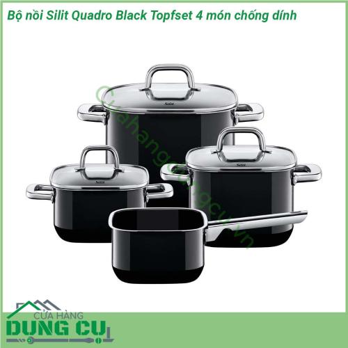 Bộ nồi Silit Quadro Black Topfset 4 món chống dính được thiết kế với tông màu chủ đạo là màu đen  mang vẻ sang trọng hiện đại Bộ nồi bao gồm 2 nồi thịt 1 nồi chuyên dùng để rán và 1 nồi quánh cánh dài dễ dàng phù hợp với mọi món ăn bạn cần chế biến