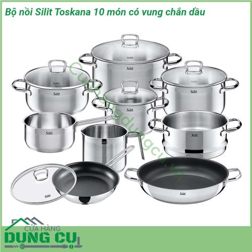 Bộ nồi Silit Toskana 10 món có vung chắn dầu với thiết kế hiện đại sang trọng tinh tế chất liệu thép không gỉ 18 10 (Inox 18 10) đáy nồi kết cấu dạng Capsulated Bottom vung kính trong suốt thiết kế dạng vòm chắc chắn cũng là điểm nhấn cho bộ nồi từ cao cấp Silit Toskana 10