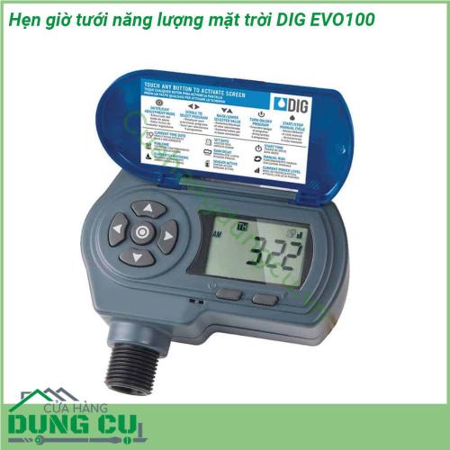 Hẹn giờ tưới năng lượng mặt trời DIG EVO100 được trang bị màn hình LCD lớn đơn giản hệ thống biểu tượng dễ dàng quan sát và cài đặt Với chất liệu thân nhựa đặc cao cấp  Van điện tử nylon gia có bằng thuỷ tinh pít tông bằng thép không rỉ  Không thấm nước chất liệu nhựa thân thiện với môi trường