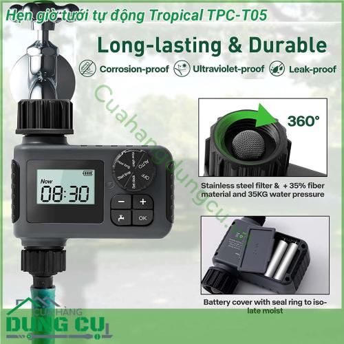 Hẹn giờ tưới tự động Tropical TPC-T05 thiết kế nhỏ gọn thao tác cài đặt đơn giản giúp tưới dễ dàng độ chống nước IP55 giúp bạn dễ dàng sử dụng ngoài trời thích hợp cho tưới cây tưới tiêu nông nghiệp làm ẩm nhà kính loại bỏ bụi làm mát sân trong và nhiều hoạt động khác liên quan