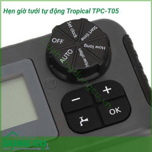 Hẹn giờ tưới tự động Tropical TPC-T05 thiết kế nhỏ gọn thao tác cài đặt đơn giản giúp tưới dễ dàng độ chống nước IP55 giúp bạn dễ dàng sử dụng ngoài trời thích hợp cho tưới cây tưới tiêu nông nghiệp làm ẩm nhà kính loại bỏ bụi làm mát sân trong và nhiều hoạt động khác liên quan