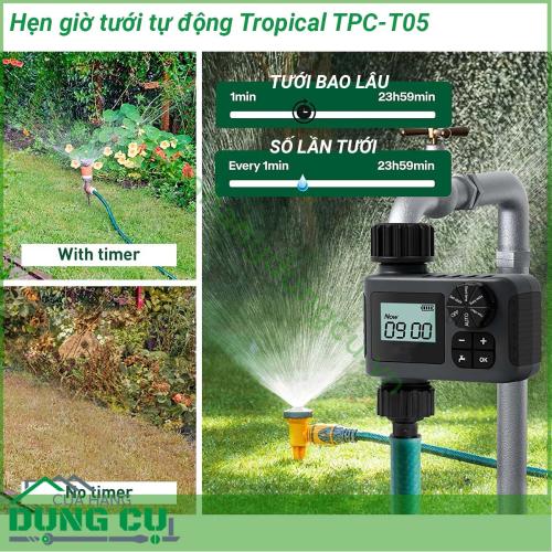 Hẹn giờ tưới tự động Tropical TPC-T05 thiết kế nhỏ gọn thao tác cài đặt đơn giản giúp tưới dễ dàng độ chống nước IP55 giúp bạn dễ dàng sử dụng ngoài trời thích hợp cho tưới cây tưới tiêu nông nghiệp làm ẩm nhà kính loại bỏ bụi làm mát sân trong và nhiều hoạt động khác liên quan