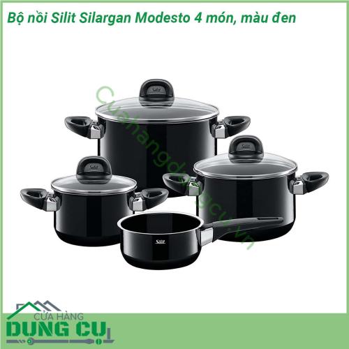 Bộ nồi Silit Silargan Modesto 4 món màu đen là dòng hàng cao cấp đúc nguyên khối made in GERMANY thân nồi được phủ lớp Silargan siêu cứng siêu bền chống xước có tính năng kháng khuẩn không chứa chất Niken tuyệt đối an toàn cho sức khỏe người sử dụng