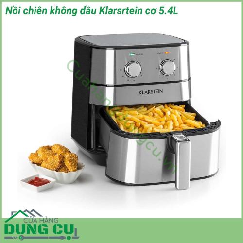 Nồi chiên không dầu Klarsrtein cơ 5 4L cấu tạo vỏ nồi chiên không dầu sử dụng thép không gỉ rất chắc chắn bền đẹp nồi trang bị công nghệ Cool cách nhiệt chống nóng vì thế trong quá trình nấu vỏ và tay cầm luôn mát mẻ Dung tích rổ chiên lớn 5 4l thoải mái chế biến các món ăn có thể chế biến nguyên con gà  