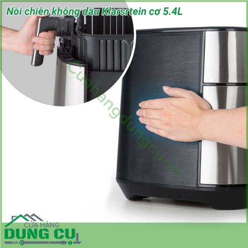 Nồi chiên không dầu Klarsrtein cơ 5 4L cấu tạo vỏ nồi chiên không dầu sử dụng thép không gỉ rất chắc chắn bền đẹp nồi trang bị công nghệ Cool cách nhiệt chống nóng vì thế trong quá trình nấu vỏ và tay cầm luôn mát mẻ Dung tích rổ chiên lớn 5 4l thoải mái chế biến các món ăn có thể chế biến nguyên con gà  