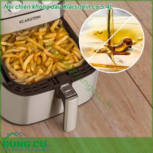 Nồi chiên không dầu Klarsrtein cơ 5 4L cấu tạo vỏ nồi chiên không dầu sử dụng thép không gỉ rất chắc chắn bền đẹp nồi trang bị công nghệ Cool cách nhiệt chống nóng vì thế trong quá trình nấu vỏ và tay cầm luôn mát mẻ Dung tích rổ chiên lớn 5 4l thoải mái chế biến các món ăn có thể chế biến nguyên con gà  