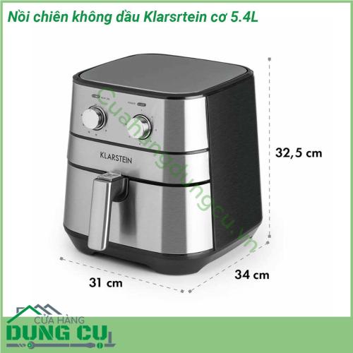 Nồi chiên không dầu Klarsrtein cơ 5 4L cấu tạo vỏ nồi chiên không dầu sử dụng thép không gỉ rất chắc chắn bền đẹp nồi trang bị công nghệ Cool cách nhiệt chống nóng vì thế trong quá trình nấu vỏ và tay cầm luôn mát mẻ Dung tích rổ chiên lớn 5 4l thoải mái chế biến các món ăn có thể chế biến nguyên con gà  