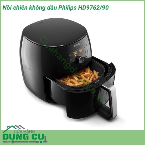 Nồi chiên không dầu Philips HD9762 90 thiết kế đặc biệt bởi Philips Hà Lan Với màn hình hiển thị kỹ thuật số và núm xoay giúp người sử dụng có thể dễ dàng thao tác sử dụng Khi sử dụng bạn có thể lựa chọn 5 chức năng chiên rán cùng thời gian chế biến khác nhau Dải nhiệt tự điều chỉnh từ 40 độ – 200 độ giúp các món ăn được chế biến thơm ngon hấp dẫn hơn