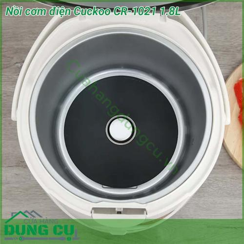 Nồi cơm điện Cuckoo CR-1021 1 8L sở hữu thiết kế nhỏ gọn màu trắng trang nhã tô điểm cho mọi gian bếp thêm sang trọng Không chỉ nấu cơm thơm ngon chiếc nồi cơm điện này còn được sử dụng để nấu cháo làm bánh nấu xôi…Với dung tích 1 8 lít công suất 650W giúp nấu cơm chín nhanh chiếc nồi cơm điện này sẽ là một trợ thủ đắc lực cho những bữa cơm thơm ngon của gia đình bạn  