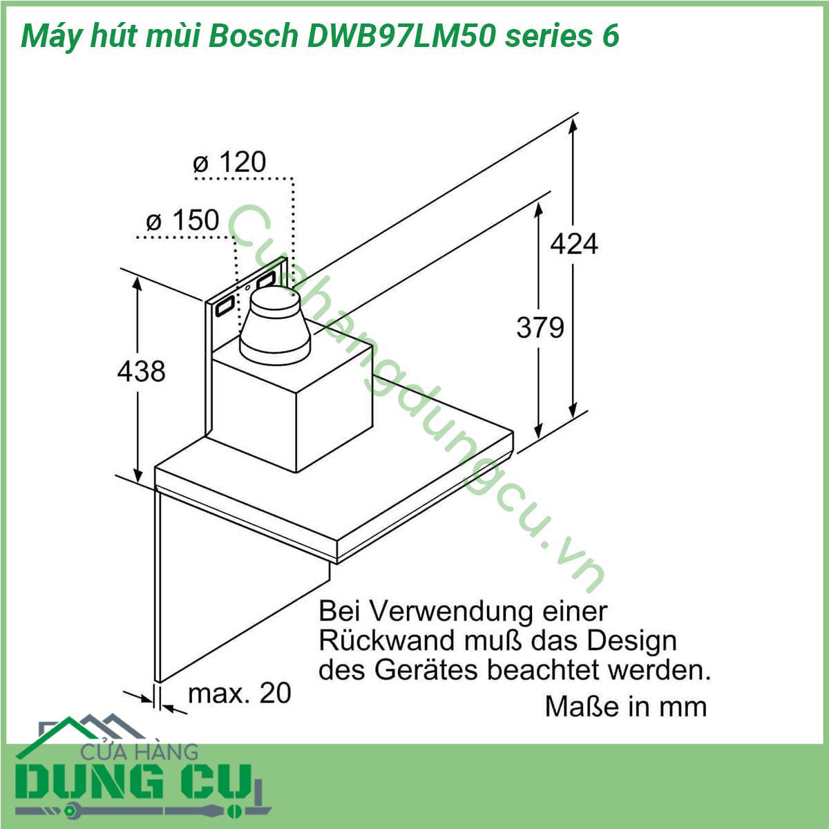 Máy hút mùi Bosch DWB97LM50 series 6 thuộc dòng sản phẩm máy hút mùi Bosch series 6 với thiết kế sang trọng hiện đại phù hợp với mọi không gian bếp Máy được trang bị nhiều tính năng ưu việt cùng với công suất hút lớn trong khi độ ồn siêu êm đảm bảo hút sạch hiệu quả các loại mùi đem lại không gian thoáng đãng cho căn bếp mà không ảnh hưởng đến sinh hoạt gia đình