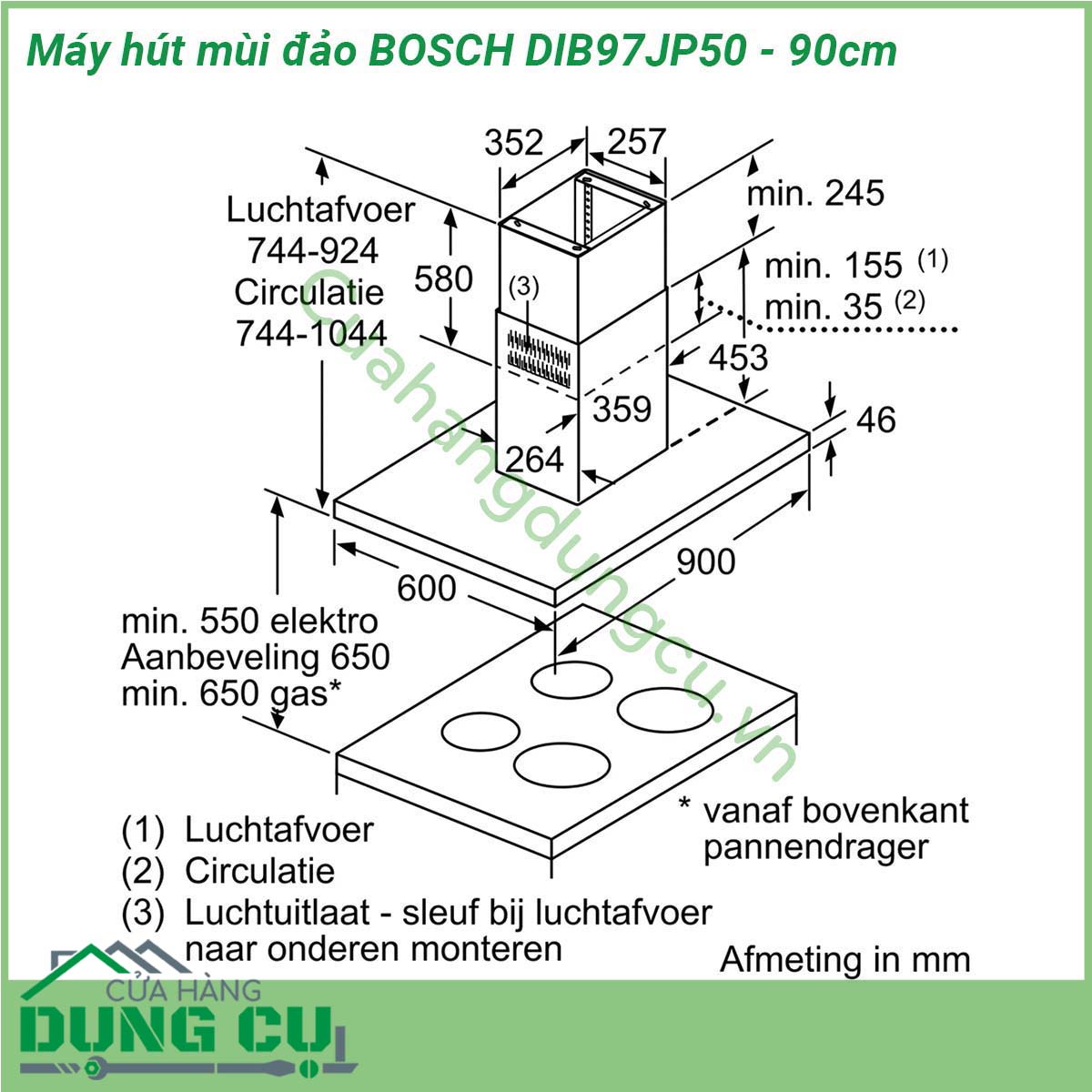 Máy hút mùi đảo BOSCH DIB97JP50 - 90cm hoạt động mạnh mẽ với mức công suất cao – đảm bảo đem lại không khí trong lành cho phòng bếp của bạn Công suất hút của máy hút mùi được tính bằng đơn vị mét khối giờ (m3 h)