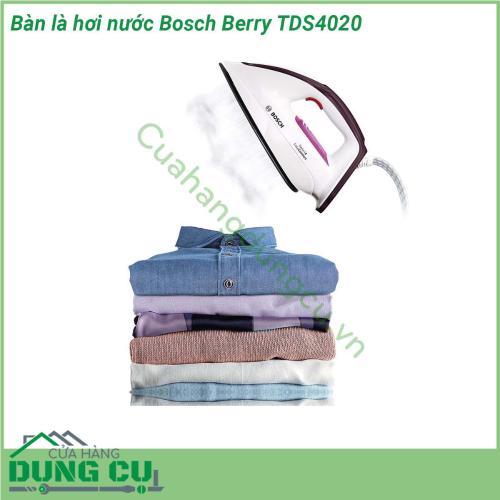 Bàn là hơi nước Bosch Berry TDS4020 ủi đơn giản và hiệu quả chỉ với một cài đặt cho tất cả các loại vải Cấu trúc trên mặt bàn ủi đặc biệt đảm bảo phân phối hơi hoàn hảo và dễ dàng lướt trên vải Công nghệ ủi gồm làm ướt sấy khô và làm mịn