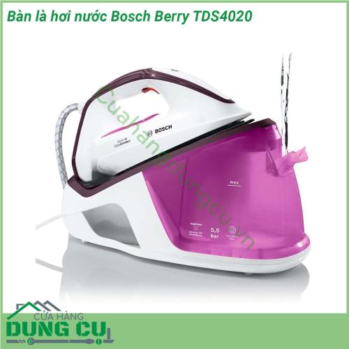 Bàn là hơi nước Bosch Berry TDS4020 ủi đơn giản và hiệu quả chỉ với một cài đặt cho tất cả các loại vải Cấu trúc trên mặt bàn ủi đặc biệt đảm bảo phân phối hơi hoàn hảo và dễ dàng lướt trên vải Công nghệ ủi gồm làm ướt sấy khô và làm mịn