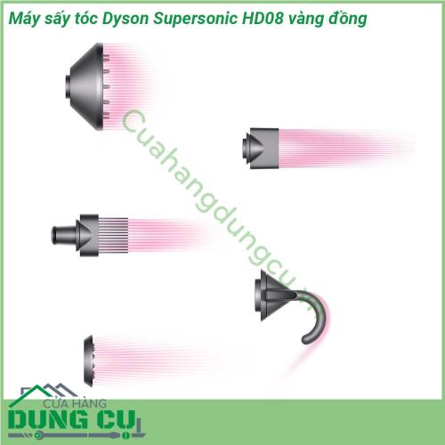 Máy sấy tóc Dyson Supersonic HD08 vàng đồng lấy thiết kế hiện đại kiểu dáng đẹp với màu vàng đồng bắt mắt Động cơ V9 cùng công nghệ Air Multiplier giúp thổi ra 41 lít không khí trong một giây cho mức gió siêu mạnh và giảm thời gian sấy khô tóc