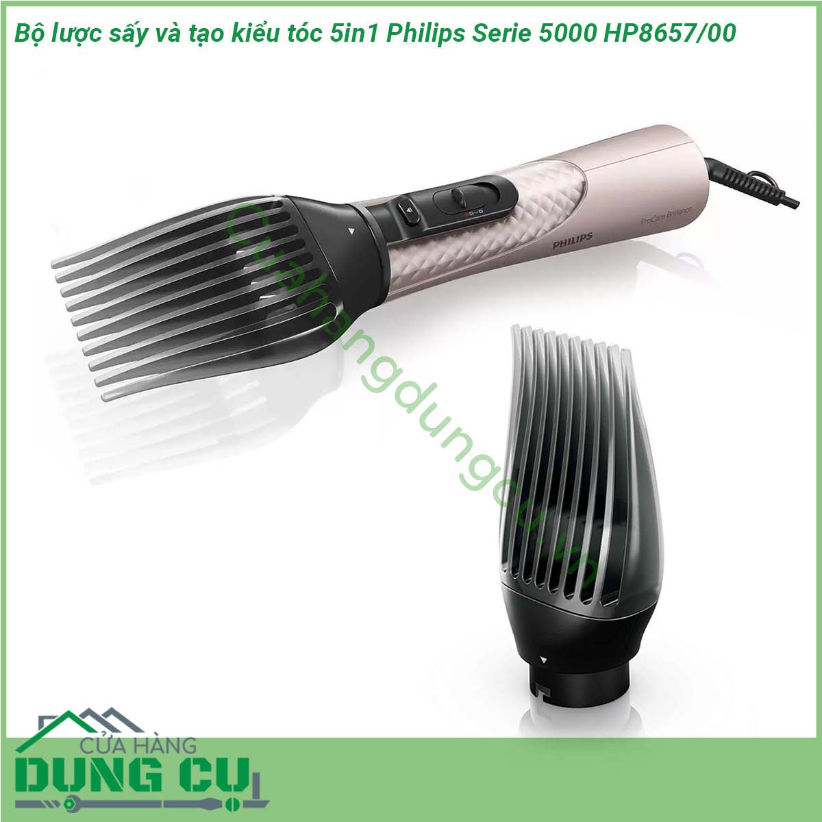 Bộ lược sấy và tạo kiểu tóc 5in1 Philips Serie 5000 HP8657 00 với 5 phụ kiện giúp sấy khô và tạo kiểu tóc đa dạng chăm sóc tóc và cho kết quả bóng mượt hoàn hảo nhờ chức năng ion hoá  Với thân máy siêu nhẹ chất liệu chắc chắn thiết kế đầu thoát khí giúp thân máy làm mát tốt